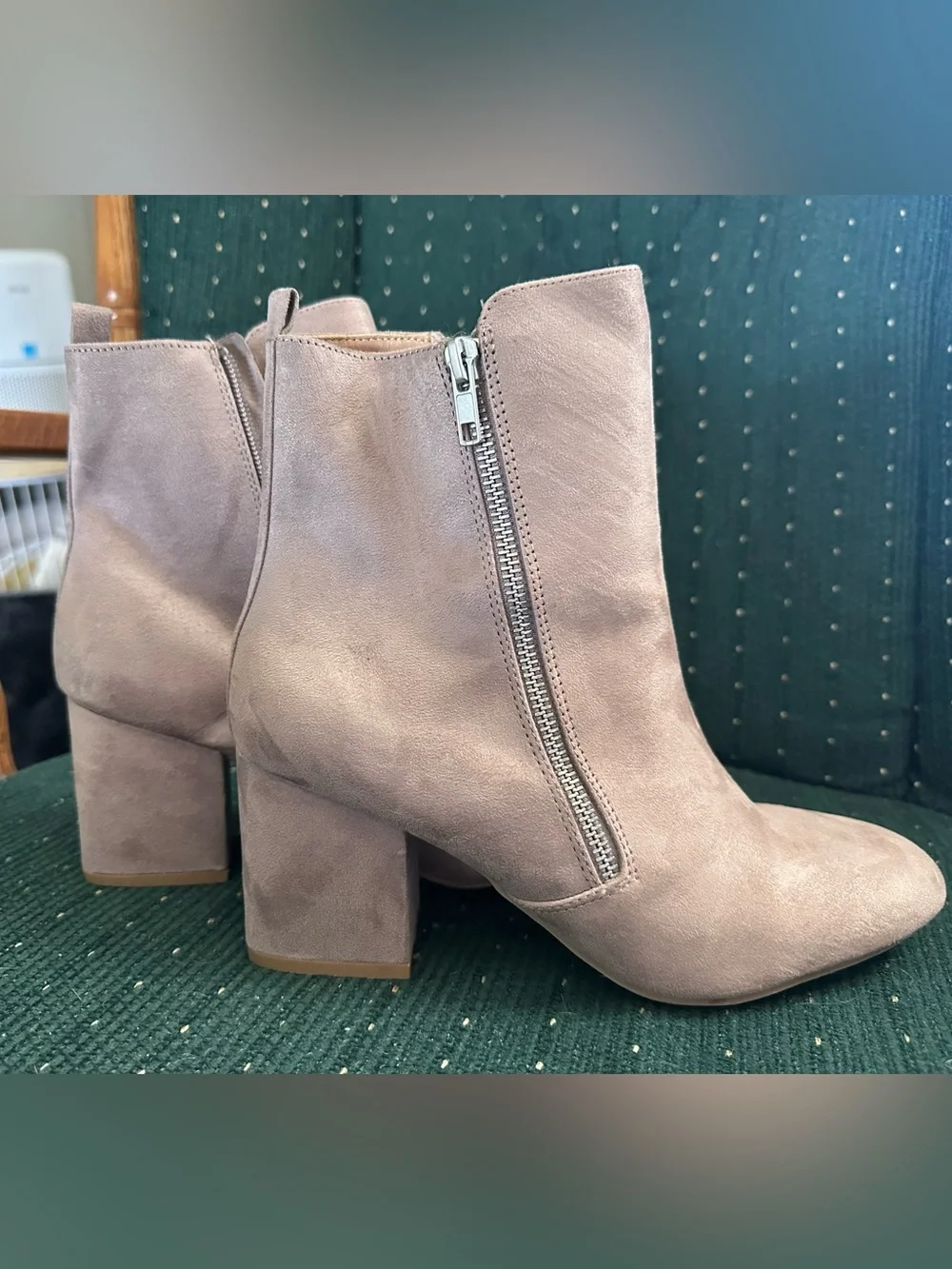 Suede Block Heel Ankle Boots with Side Zip